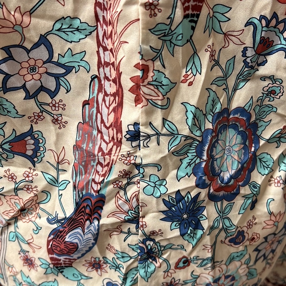 Kinikiss Long Sleeve Shirt Blouse Button Up Tan Pink Peacock Floral Womens XL - Picture 7 of 7